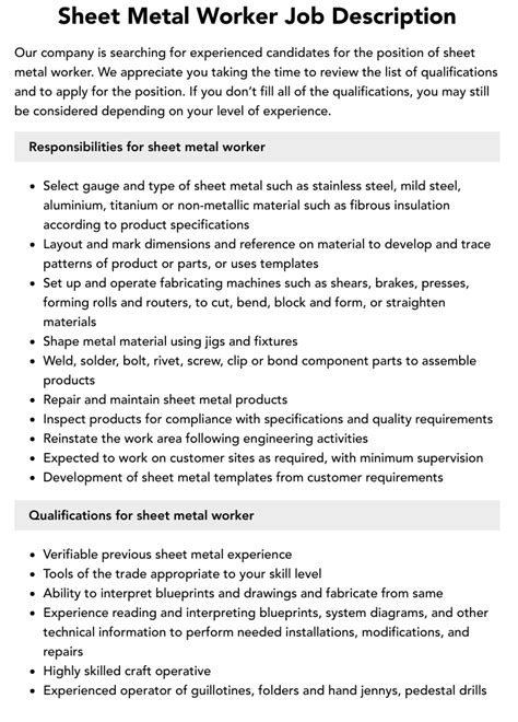 sheet metal worker qualifications|sheet metal worker responsibilities.